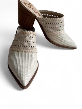 Sam Edelman Lilliana Cream Leather Woven Pointed Toe Block Heel Mules Quiet Luxe